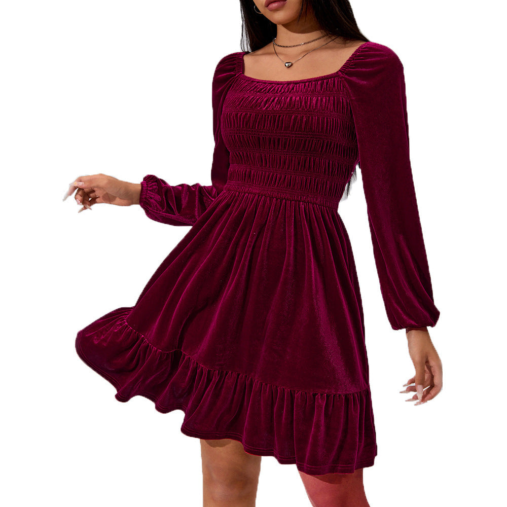 Damen Minikleid Samt Rüschendetails Elastischer Bund Eveloria