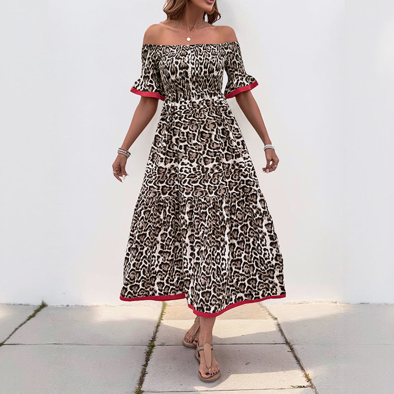 Damen Maxikleid Off-Shoulder Rüschendetails Tiermuster