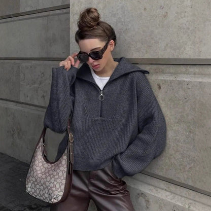 Damen Strickpullover Stehkragen Reißverschluss Grobstrick Eveloria