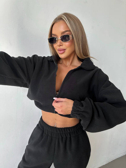 Damen Fleecejacke Cropped Reißverschluss Lässig Eveloria