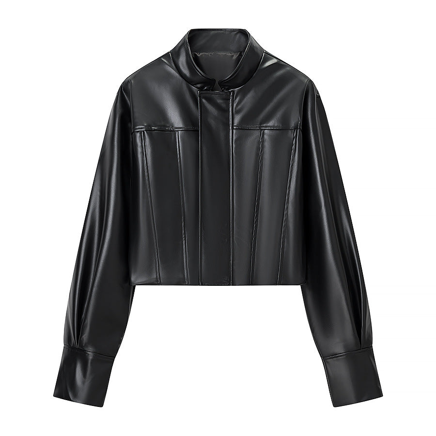 Damen Kunstlederjacke Stehkragen Strukturiert Eveloria