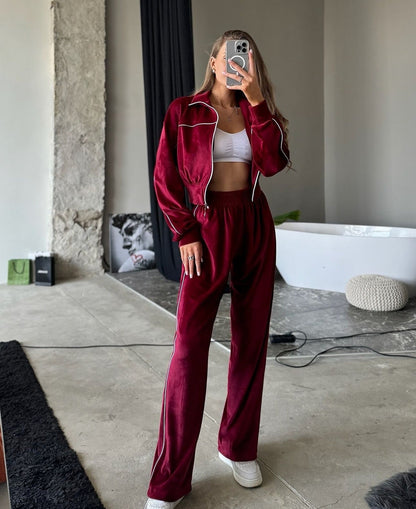 Damen Velours-Joggingset Hochkragen Reißverschluss Eveloria