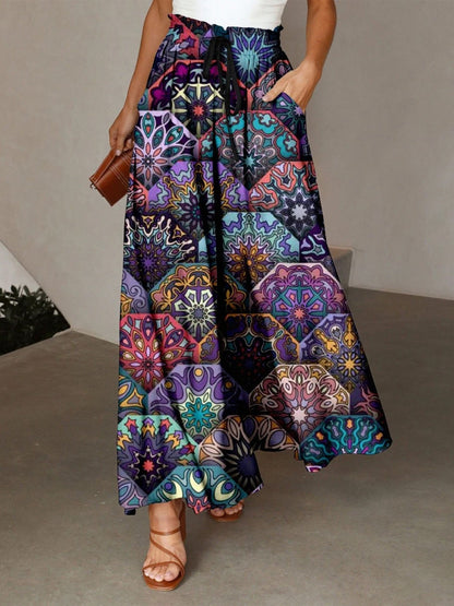 Damen Maxirock Bunt Mandala Muster Seitentaschen