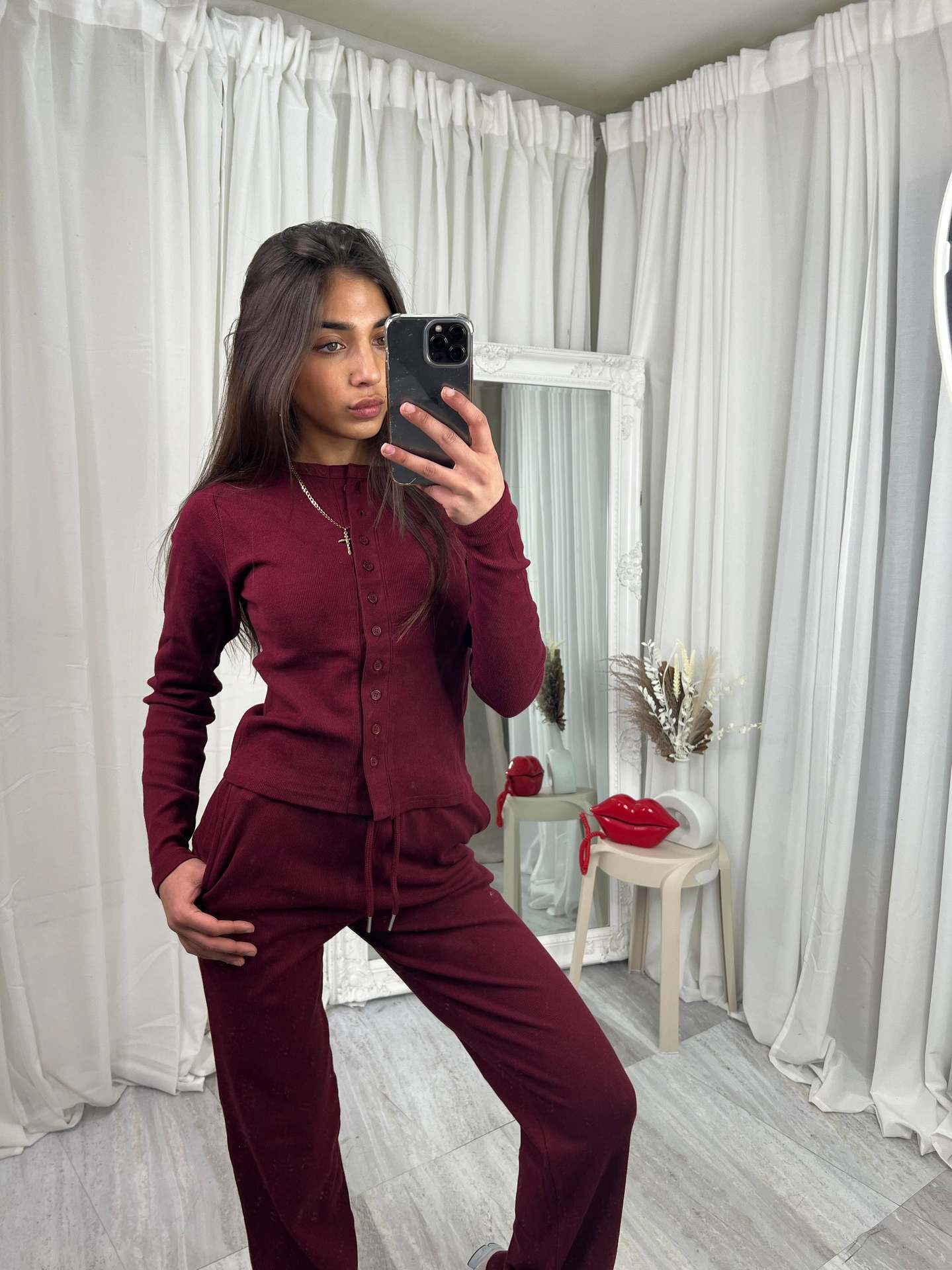 Damen Strickanzug mit Knöpfen Elegant Braun