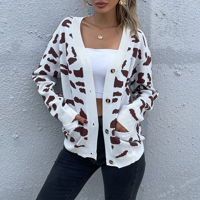 Damen Strickcardigan Tiermuster Knöpfe Beige