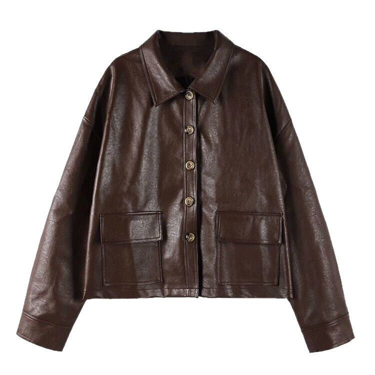 Damen Lederjacke Kurz Dekorative Knöpfe Eveloria