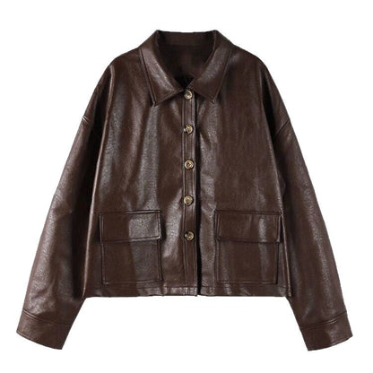 Damen Lederjacke Kurz Dekorative Knöpfe Eveloria