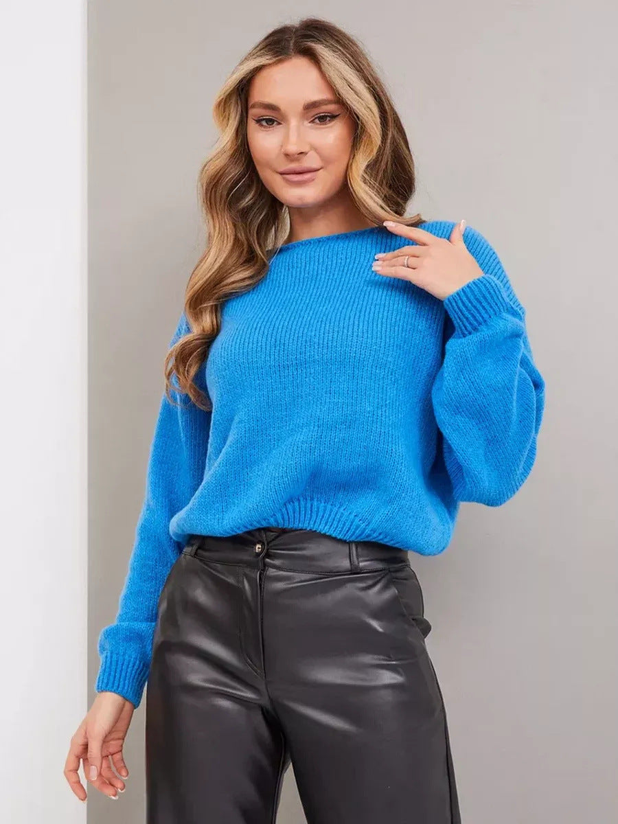 Damen Grobstrickpullover Weite Ärmel Rundhals Eveloria
