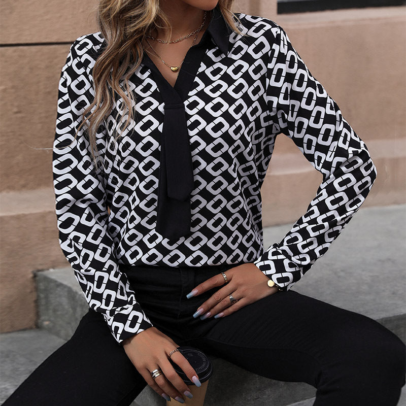 Damen Bluse Grafisches Muster Elegante Schleife Blau