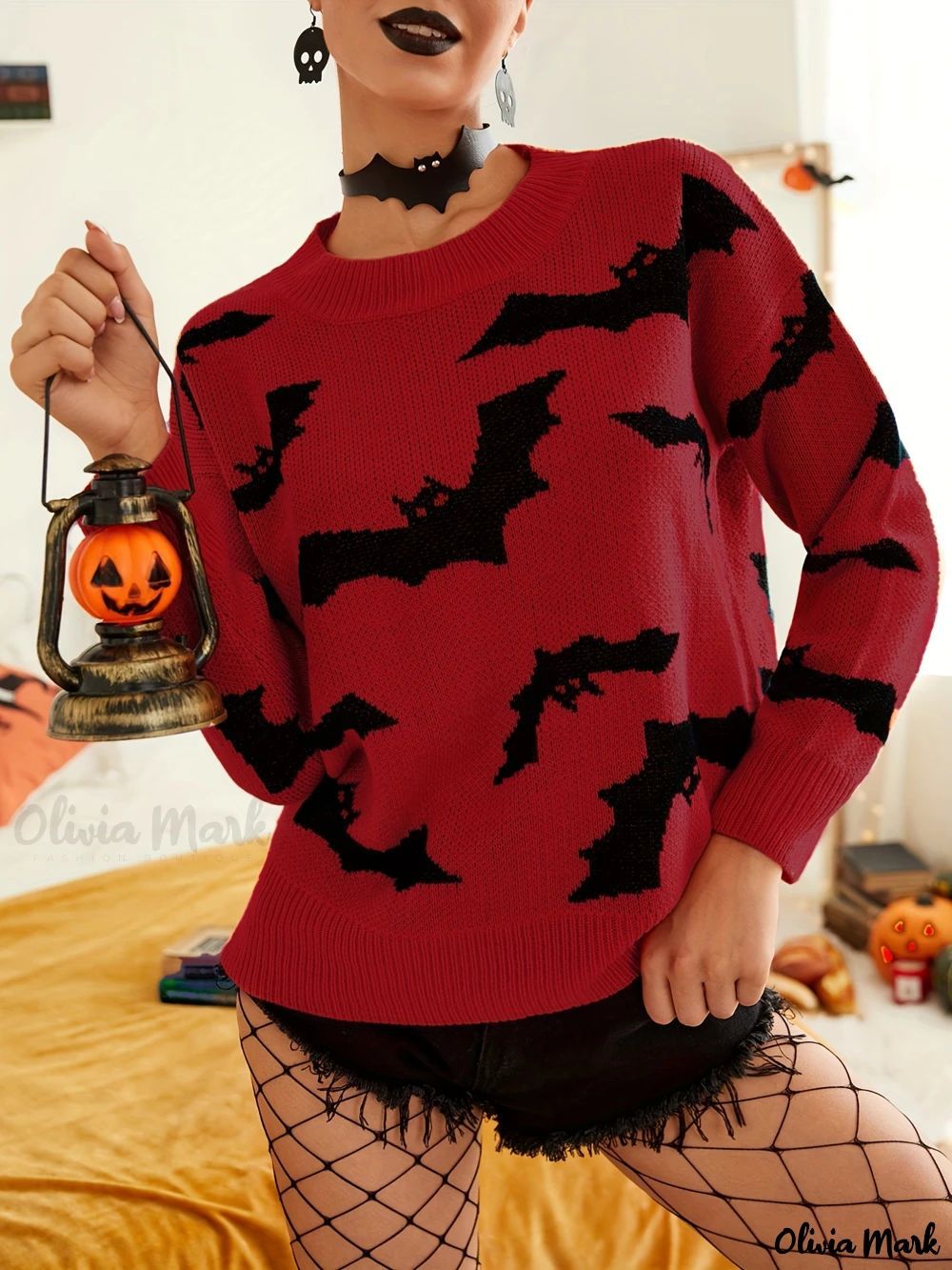 Damen Halloween Pullover Fledermaus Muster Eveloria