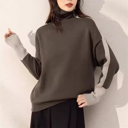 Damen Rollkragenpullover Lässig Kontrastärmel Eveloria