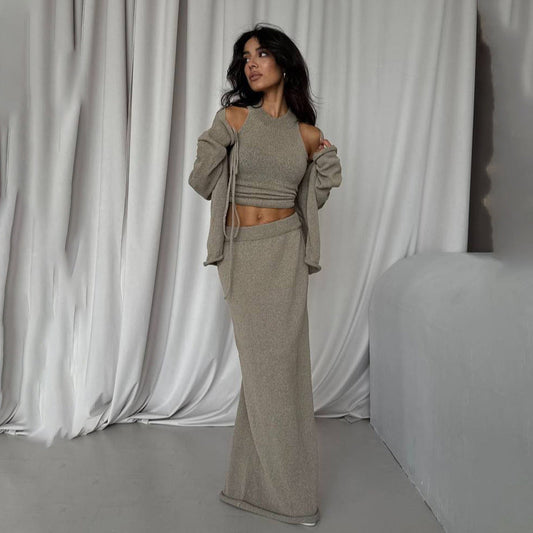 Damen Strickanzug Lang mit Bindegürtel - Eveloria