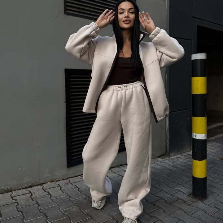 Damen Fleece-Jogginganzug Hochkragen Kängurutasche Eveloria