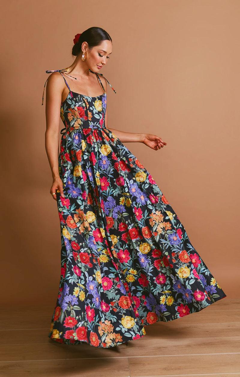 Damen Maxi-Kleid Langarm Floralmuster Rüschendetails
