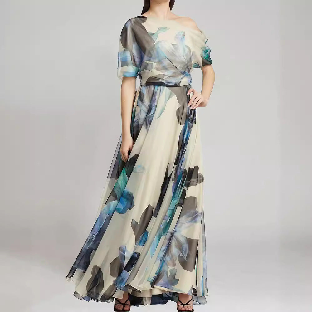 Damen Chiffon-Kleid Schulterfrei Floralmuster Eveloria