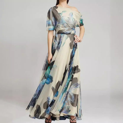 Damen Chiffon-Kleid Schulterfrei Floralmuster Eveloria