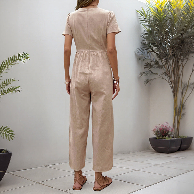 Damen Jumpsuit Knopfdetails Weite Beine Eveloria