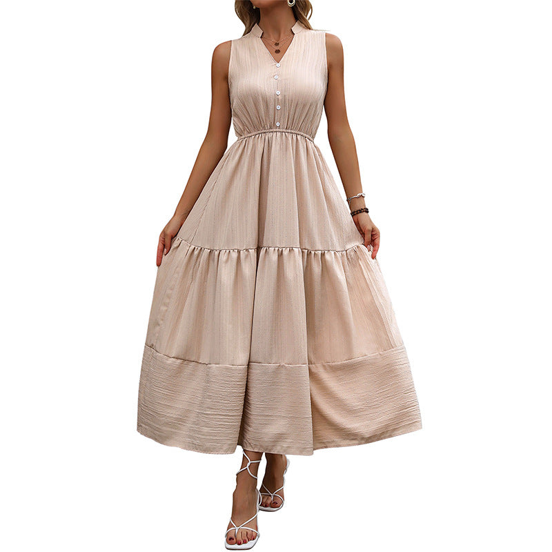 Damen Maxikleid V-Ausschnitt Knöpfe Eveloria
