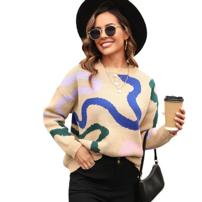 Damen Strickpullover Weiches Material Abstrakte Muster Eveloria