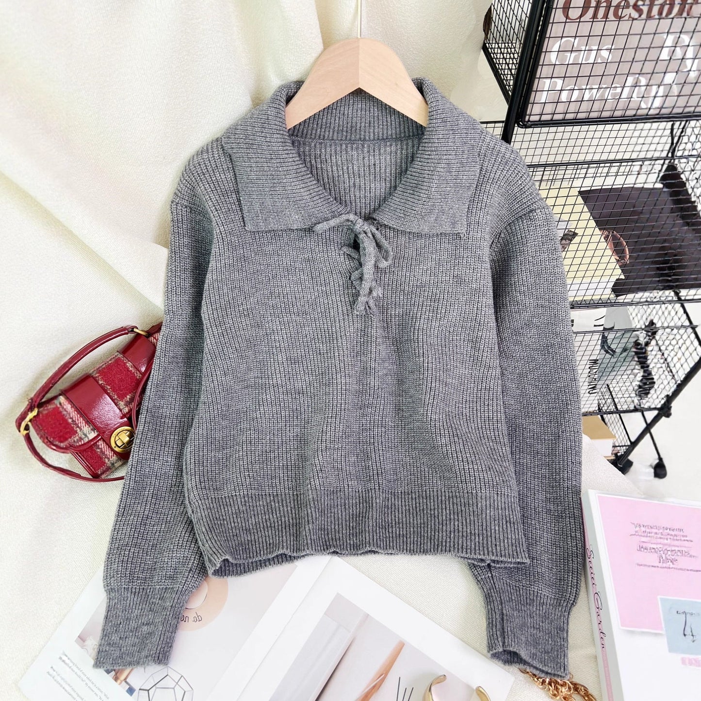 Damen Pullover Polokragen Kordelzug Grau Eveloria