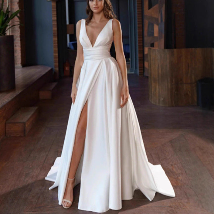 Eveloria Damen Hochzeitskleid V-Ausschnitt Seitenschlitz - Eveloria