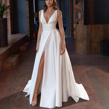 Eveloria Damen Hochzeitskleid V-Ausschnitt Seitenschlitz - Eveloria
