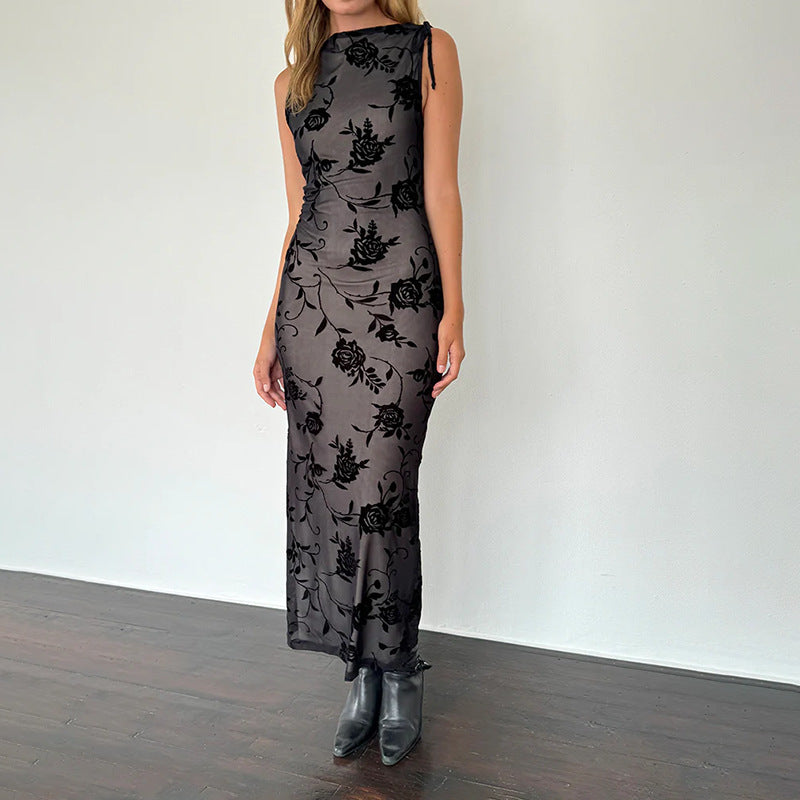 Damen Maxikleid Ärmellos Floralmuster Spitze Schwarz - Eveloria