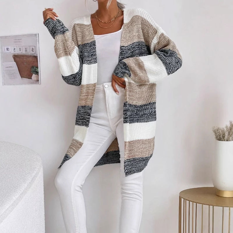 Damen Strickcardigan Lässiges Streifenmuster Offener Schnitt Beige - Eveloria