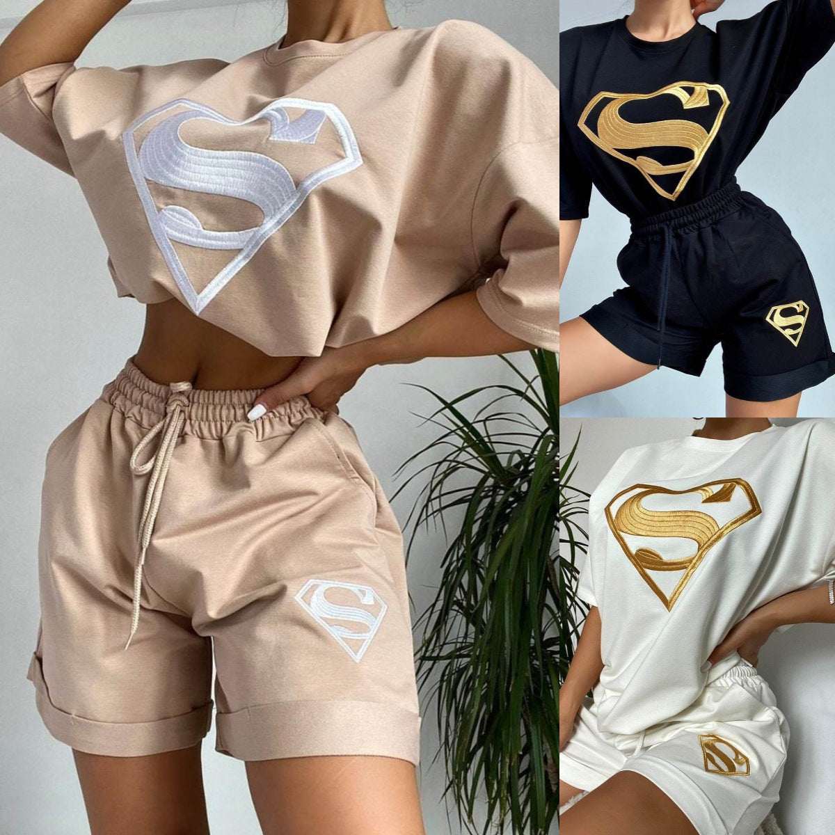 Damen Sport-Set Kurzarm-Shirt und Shorts mit Logo-Design Eveloria - Eveloria