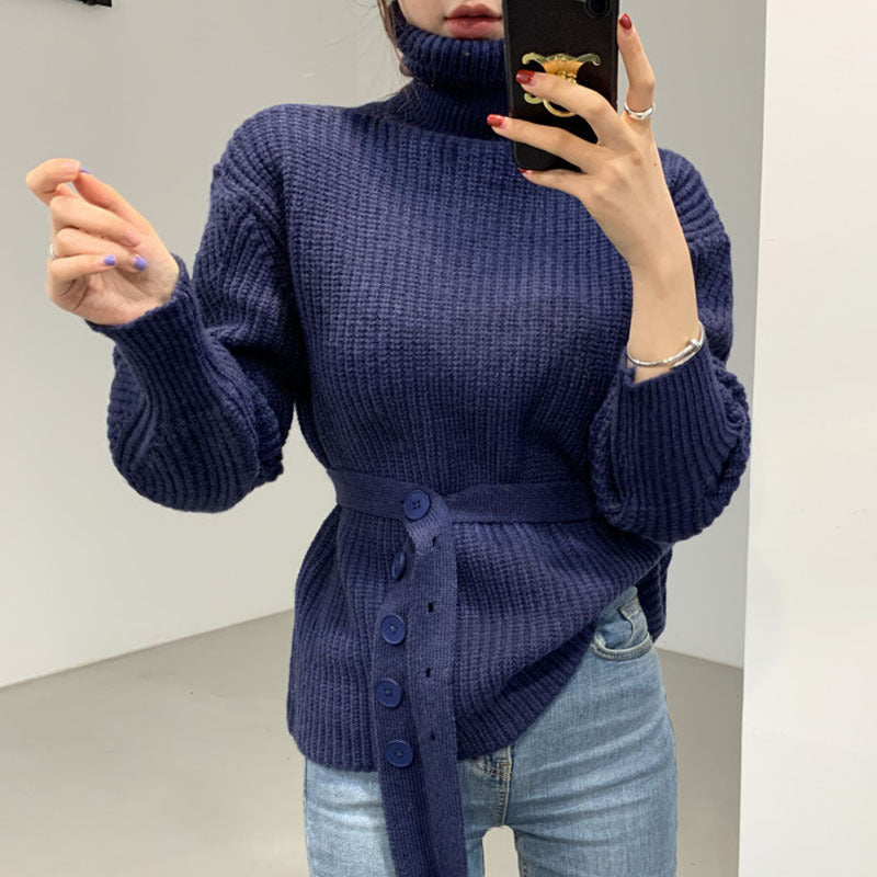 Damen Grobstrickpullover Hochkragen Taillengürtel Eveloria