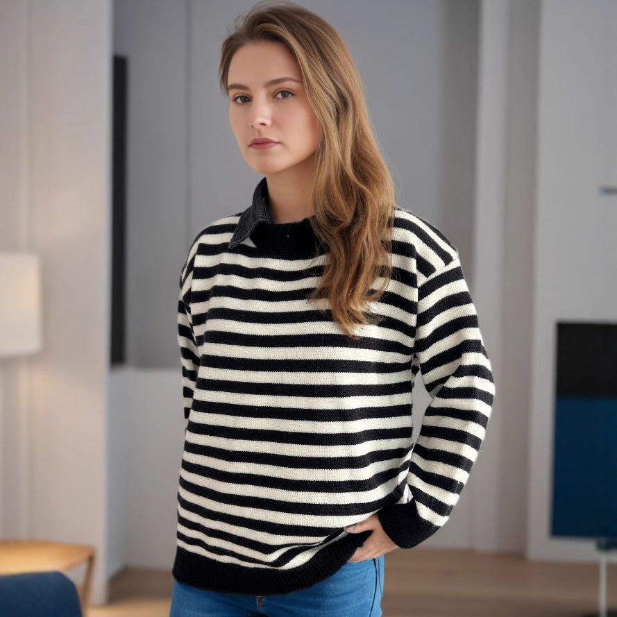 Damen Oversized Pullover Streifenmuster Lässig Beige