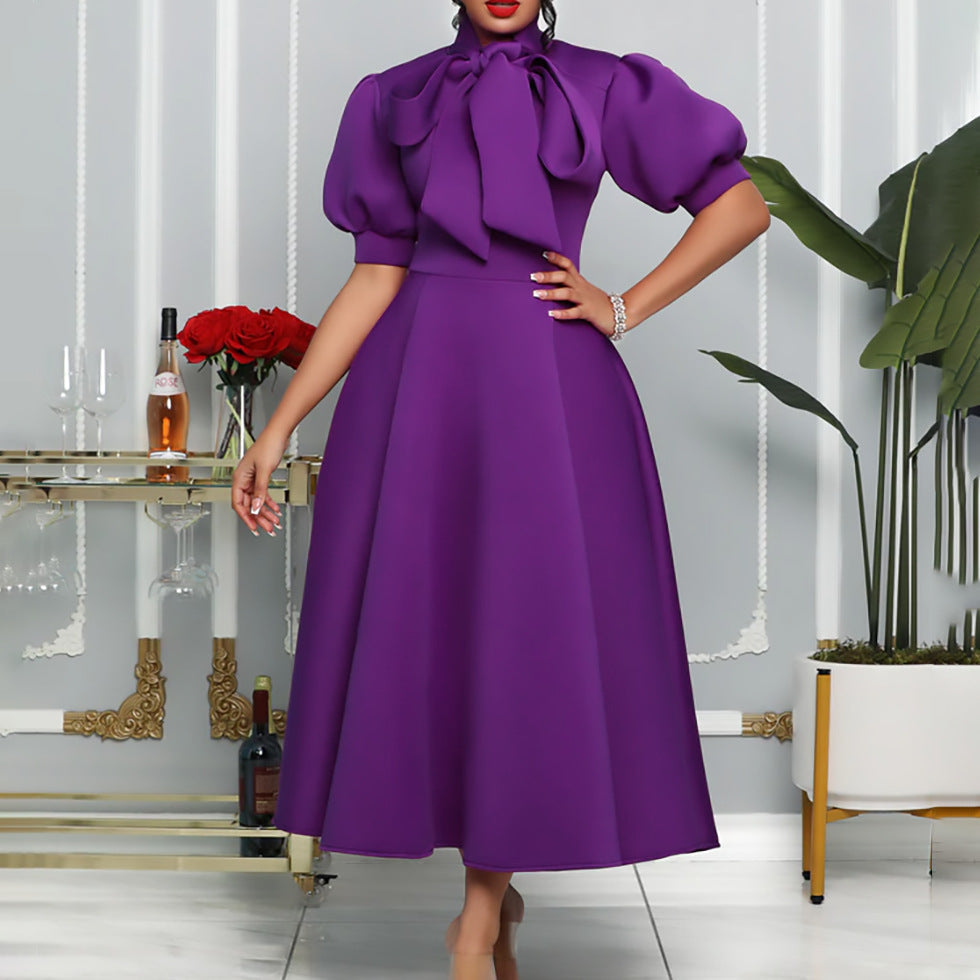 Damen Elegantes Midi-Kleid Puffärmel Bindegürtel Eveloria - Eveloria