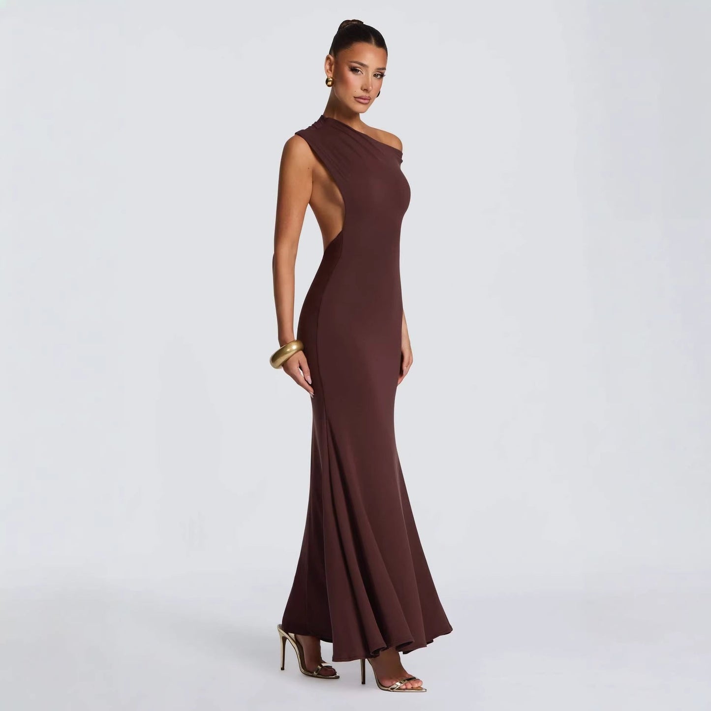 Damen Maxikleid Asymmetrisch Schulterfrei Eveloria