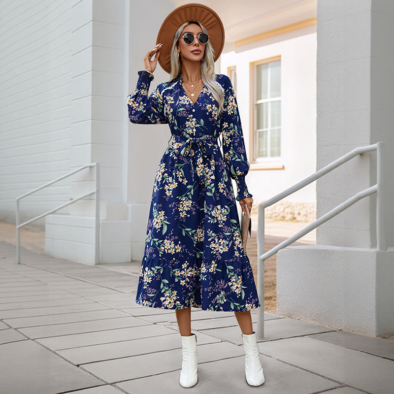 Damen Wickelkleid Floral Muster Voluminöse Ärmel Eveloria