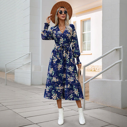 Damen Wickelkleid Floral Muster Voluminöse Ärmel Eveloria