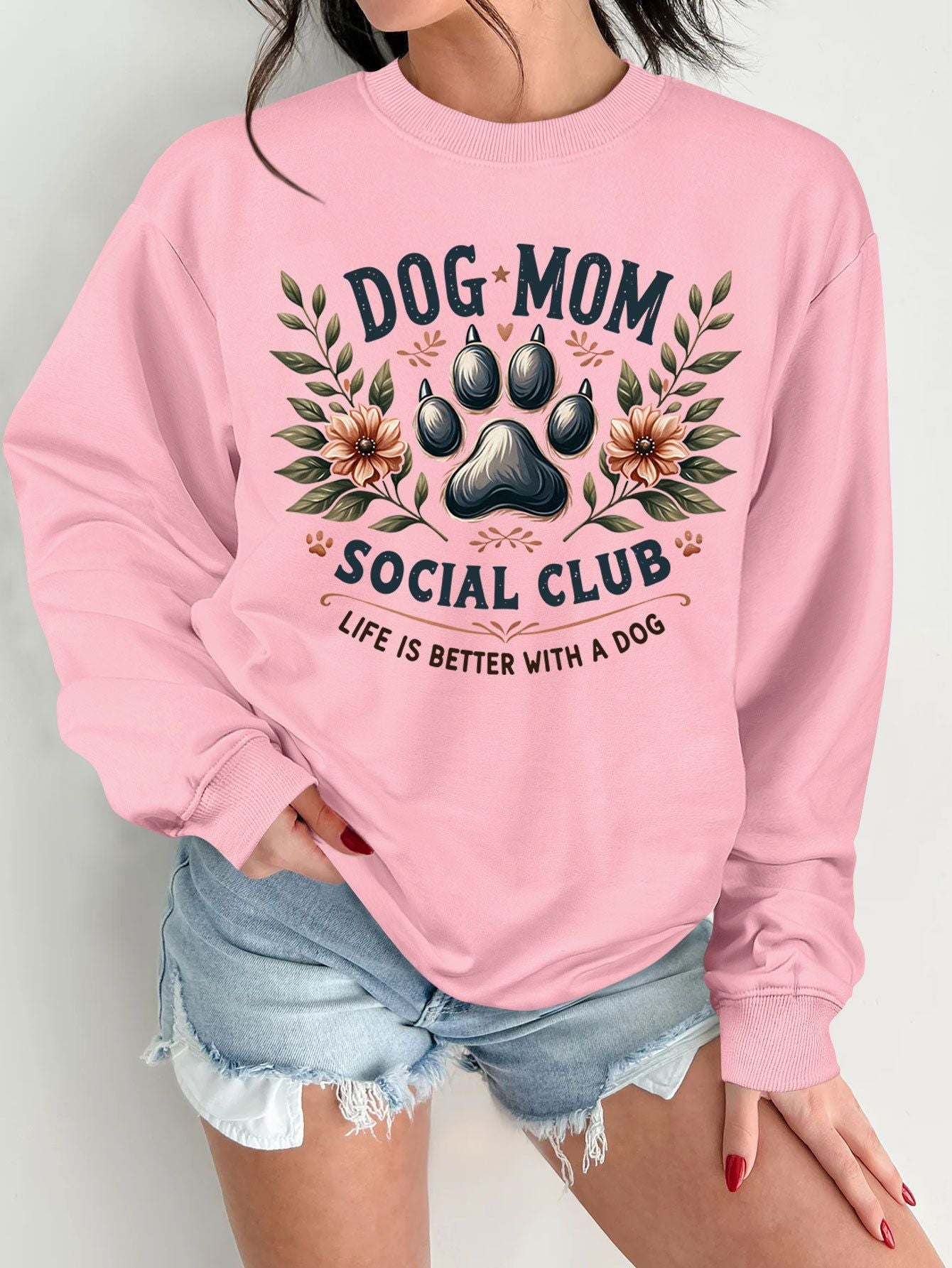Damen Sweatshirt Hundemotiv Aufdruck Grau