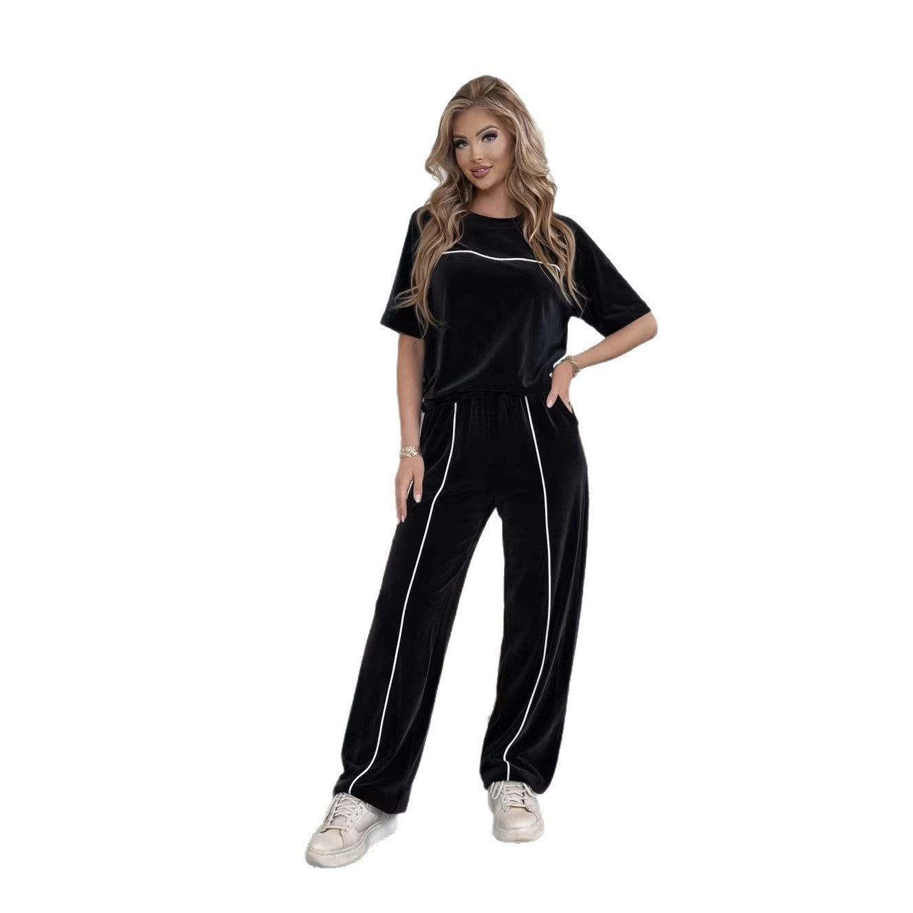 Damen Velours-Loungewear-Set Komfortschnitt Kontrastdetails