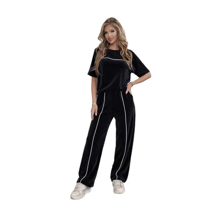 Damen Velours-Loungewear-Set Komfortschnitt Kontrastdetails