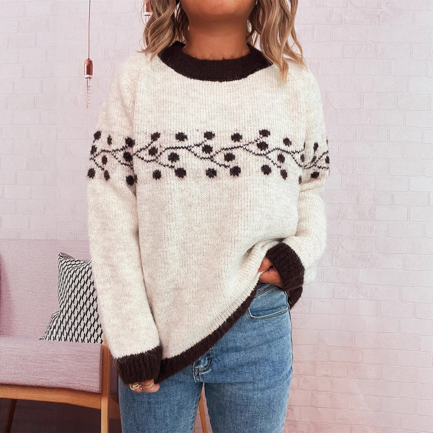Damen Strickpullover Handgewebtes Blumenmuster