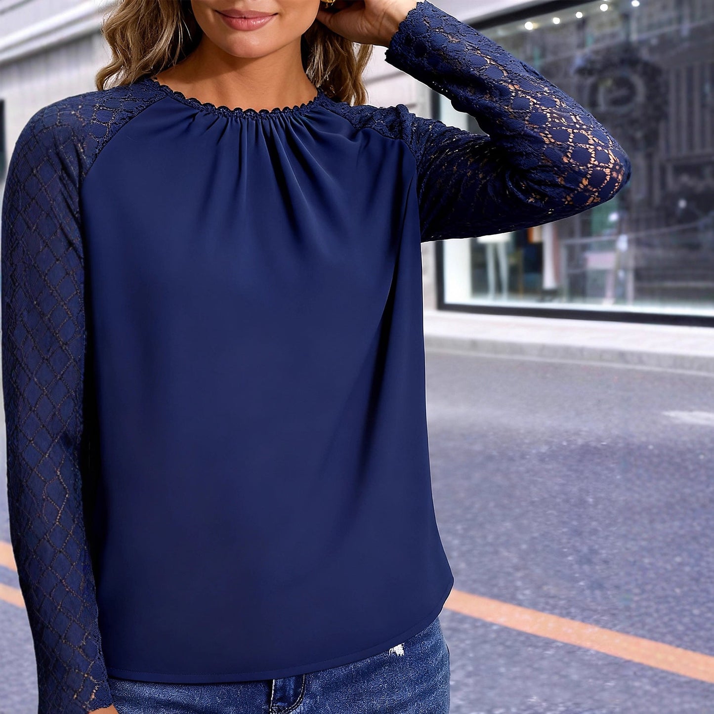 Damen Bluse Spitze Ärmel Geraffter Ausschnitt Eveloria