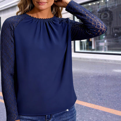 Damen Bluse Spitze Ärmel Geraffter Ausschnitt Eveloria