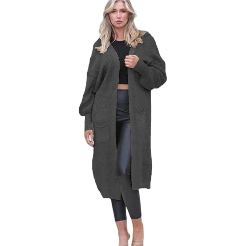 Damen Cardigan Grobstrick Offene Taschen Lässig Beige