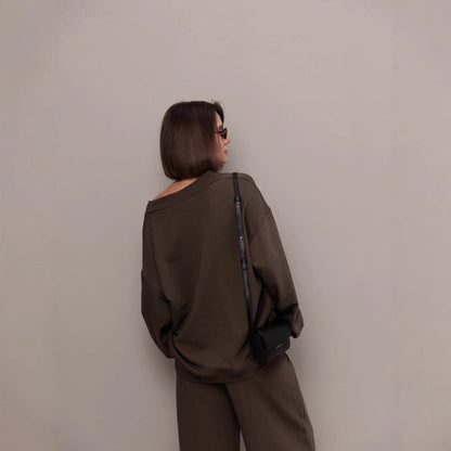 Damen Oversized Sweatshirt V-Ausschnitt Länge Lang Ärmel Grau