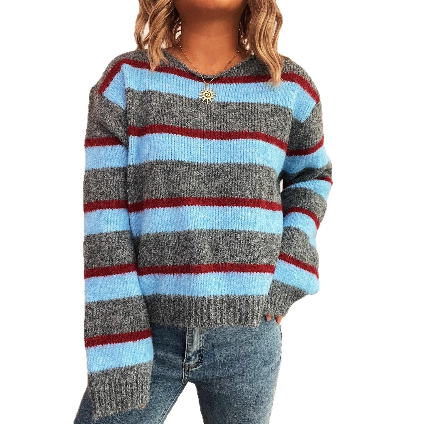 Damen Strickpullover Bunt Streifenmuster Breite Ärmel