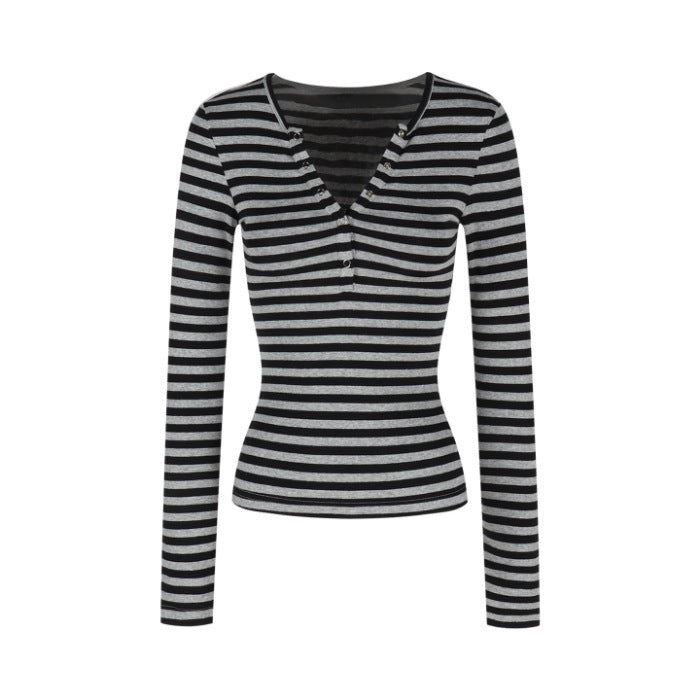 Damen Langarmshirt Modern Streifen Knopfleiste Eveloria