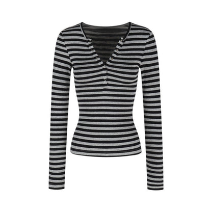 Damen Langarmshirt Modern Streifen Knopfleiste Eveloria