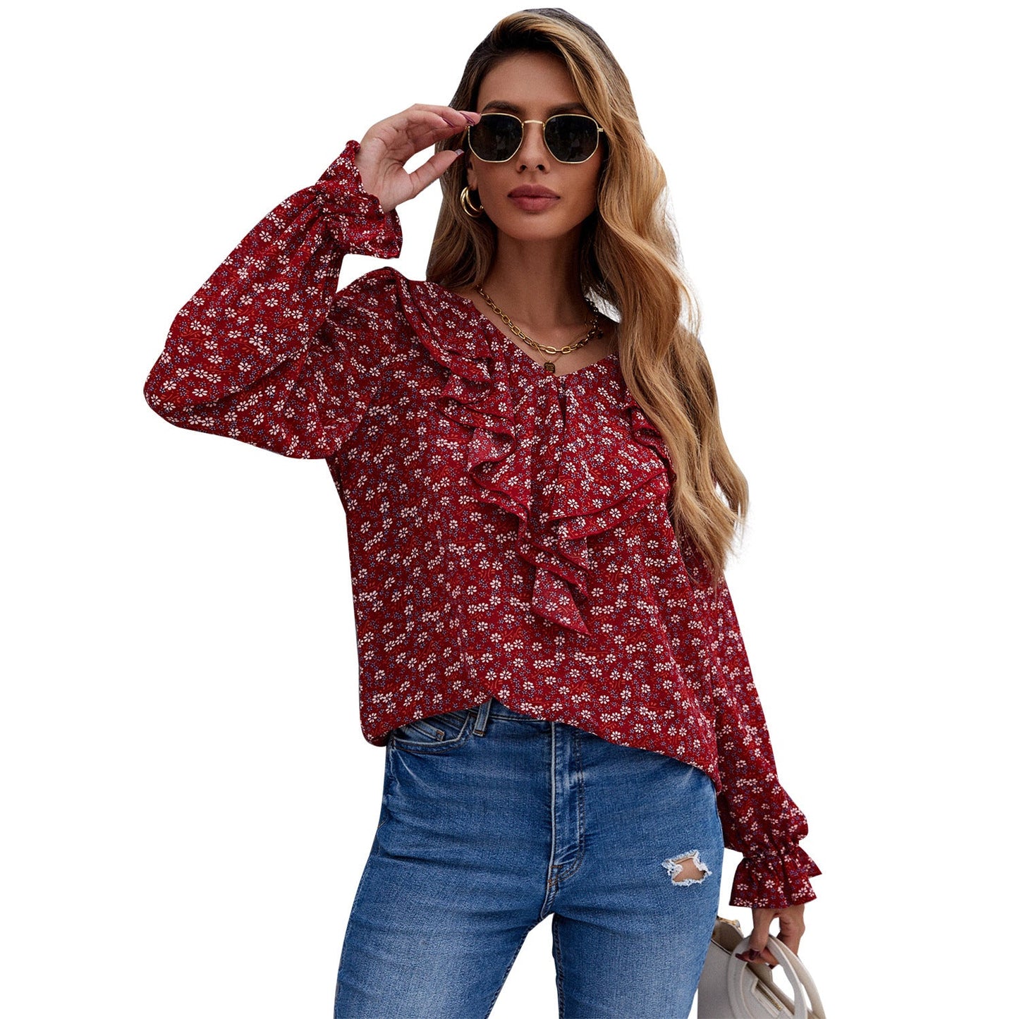 Damen Bluse Rüschendetails Floralmuster