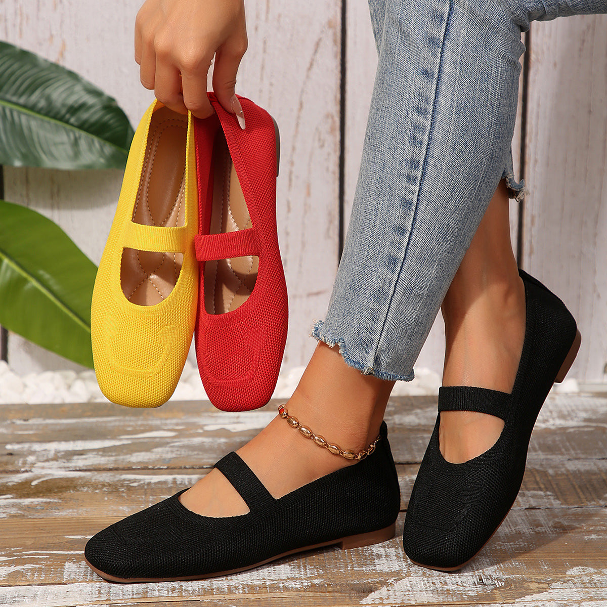 Damen Ballerinas Atmungsaktives Gummi-Obermaterial Verstellbarer
