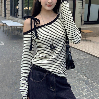 Eveloria Damen Langarmshirt Gestreift Schulterfrei