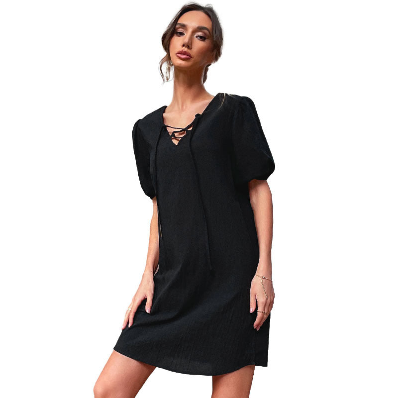 Damen Freizeitkleid mit Schnürung und Puffärmeln Eveloria